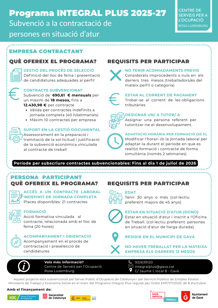 Infografia explicativa del Programa Integral Plus 2025-27. Subvenció a la contractació de persones en situació d'atur.