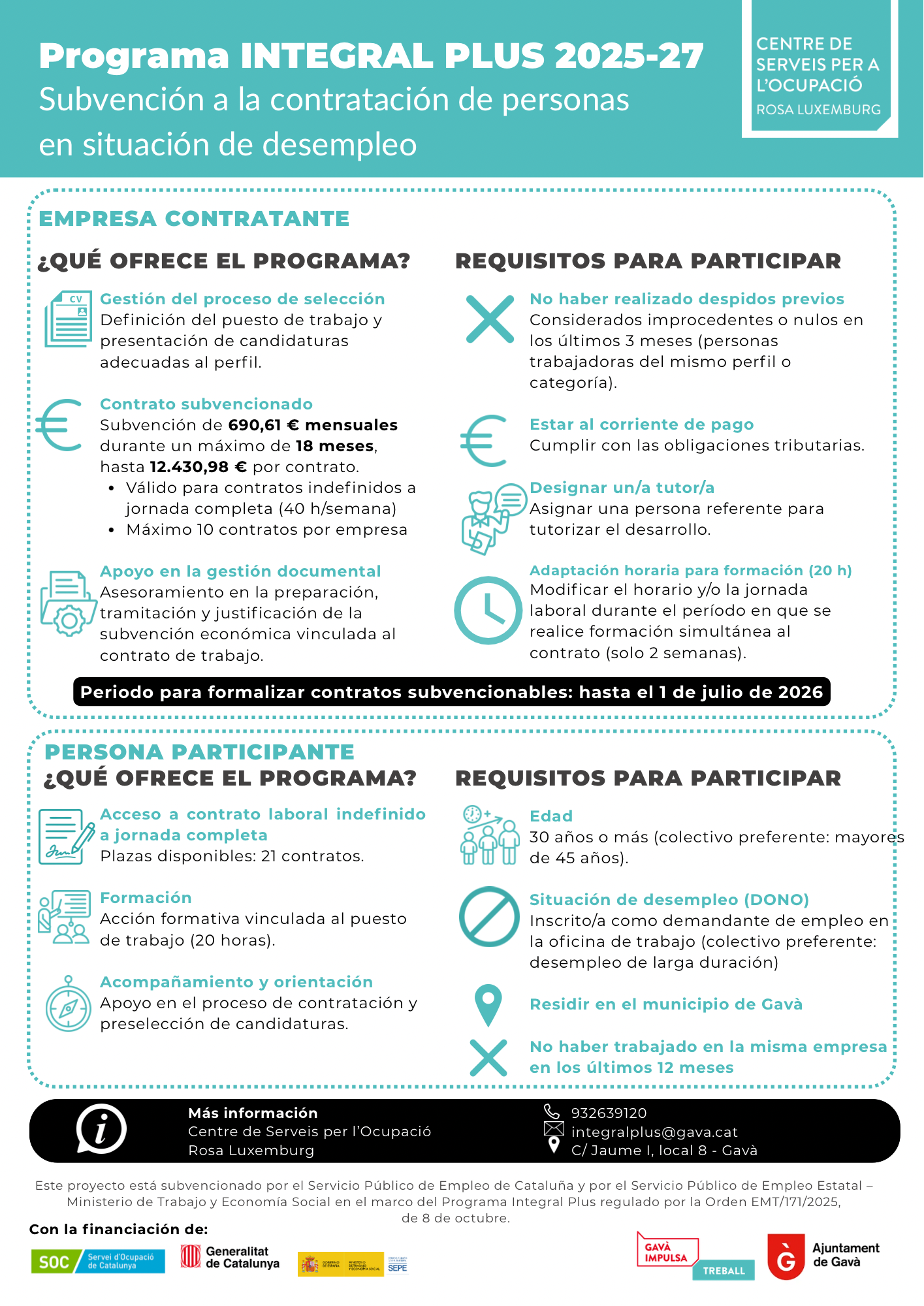 Infografía explicativa del Programa Integral Plus 2025-27. Subvención a la contratación de personas en paro. 